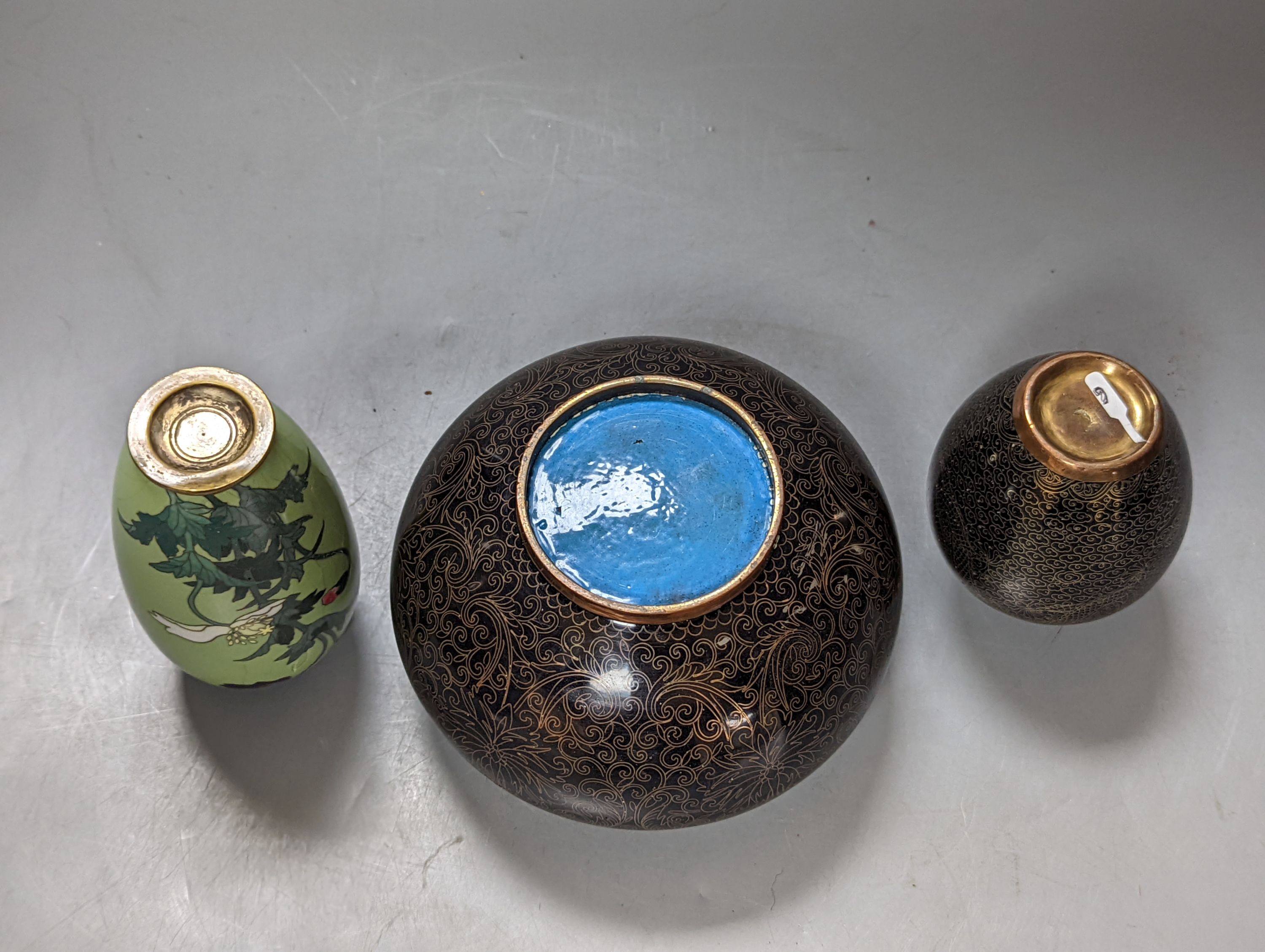 Two Chinese cloisonné enamel vases and a Japanese cloisonne vase (3), tallest 13 cms high.